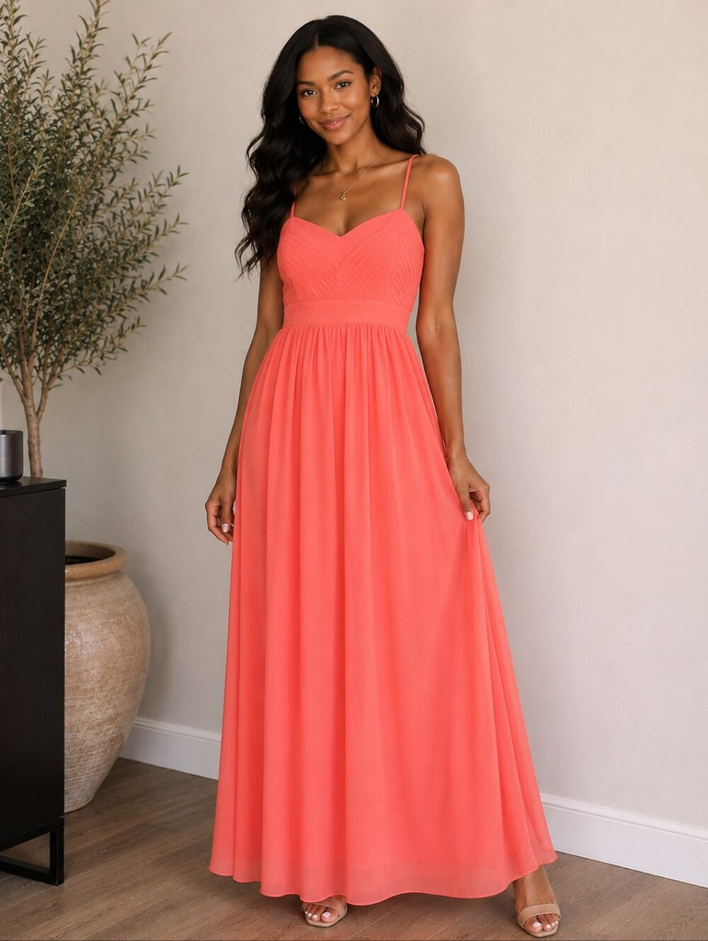 NWT BADGLEY MISCHKA Coral Pink Chiffon Wedding Spaghetti Straps Maxi Dress Sz 10